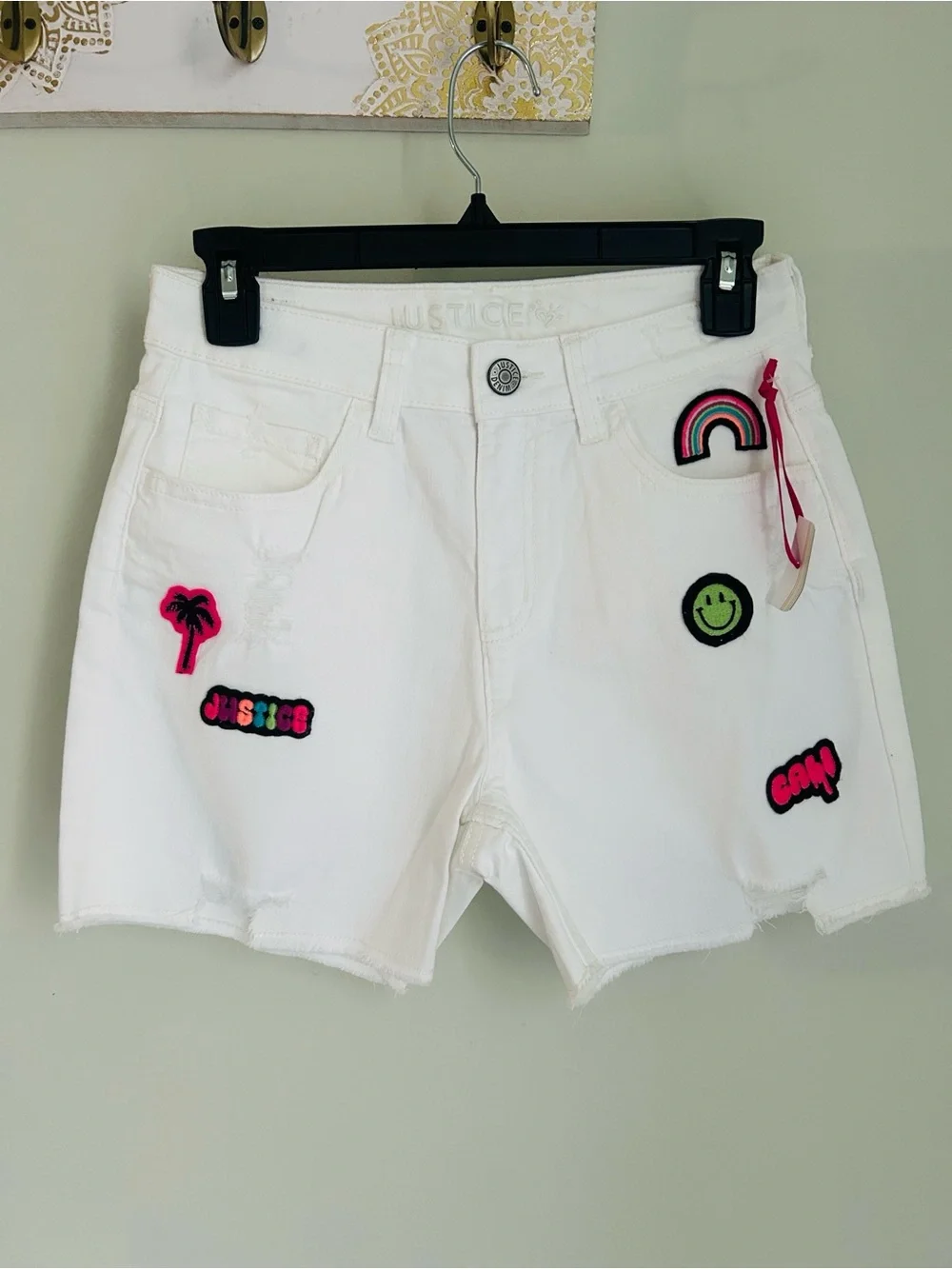 Justice White Denim Shorts with Colorful Patch Accents